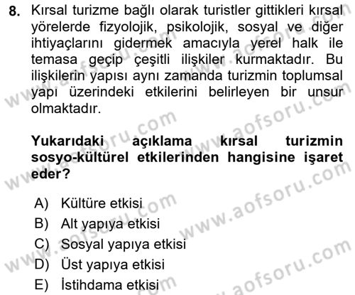 Kırsal Turizm Ve Kalkınma Dersi 2021 - 2022 Yılı (Final) Dönem Sonu Sınavı 8. Soru