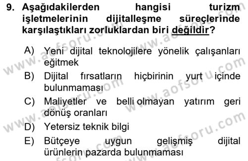 Dijital Turizm Dersi 2020 - 2021 Yılı Yaz Okulu Sınavı 9. Soru