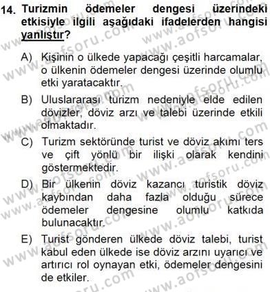 Genel Turizm Bilgisi Dersi 2013 - 2014 Yılı (Final) Dönem Sonu Sınav Soruları 14. Soru