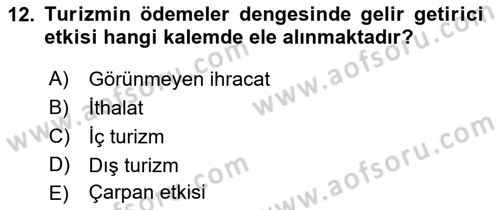 Genel Turizm Bilgisi Dersi 2021 - 2022 Yılı (Final) Dönem Sonu Sınav Soruları 12. Soru
