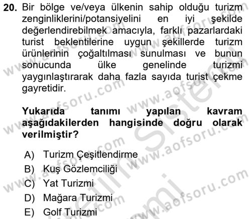 Genel Turizm Bilgisi Dersi 2021 - 2022 Yılı (Final) Dönem Sonu Sınav Soruları 20. Soru