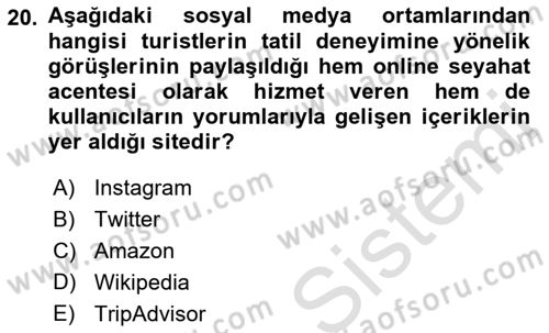 Genel Turizm Bilgisi Dersi 2021 - 2022 Yılı Yaz Okulu Sınav Soruları 20. Soru