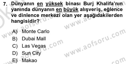 Genel Turizm Bilgisi Dersi 2021 - 2022 Yılı Yaz Okulu Sınav Soruları 7. Soru
