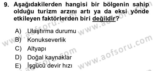 Genel Turizm Bilgisi Dersi 2021 - 2022 Yılı Yaz Okulu Sınav Soruları 9. Soru