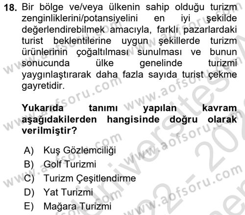 Genel Turizm Bilgisi Dersi 2022 - 2023 Yılı (Final) Dönem Sonu Sınav Soruları 18. Soru