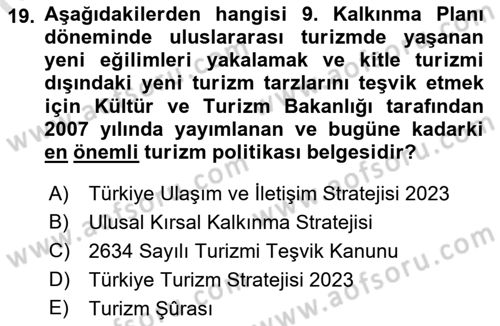 Genel Turizm Bilgisi Dersi 2022 - 2023 Yılı (Final) Dönem Sonu Sınav Soruları 19. Soru
