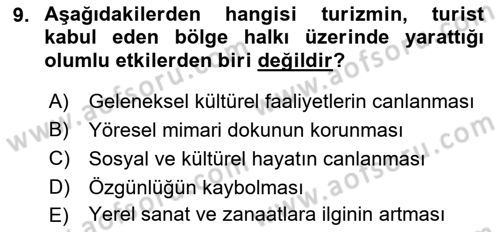 Genel Turizm Bilgisi Dersi 2022 - 2023 Yılı (Final) Dönem Sonu Sınav Soruları 9. Soru