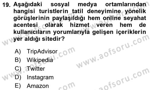 Genel Turizm Bilgisi Dersi 2022 - 2023 Yılı Yaz Okulu Sınav Soruları 19. Soru