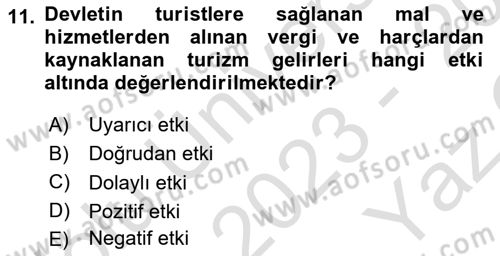 Genel Turizm Bilgisi Dersi 2023 - 2024 Yılı Yaz Okulu Sınav Soruları 11. Soru