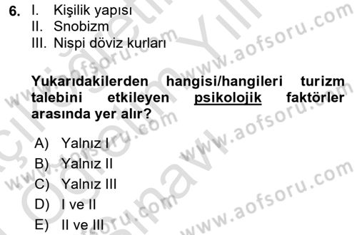 Genel Turizm Bilgisi Dersi 2023 - 2024 Yılı Yaz Okulu Sınav Soruları 6. Soru