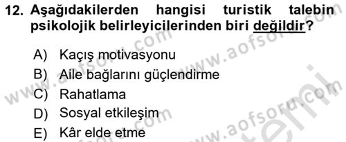 Genel Turizm Bilgisi Dersi 2024 - 2025 Yılı (Vize) Ara Sınav Soruları 12. Soru