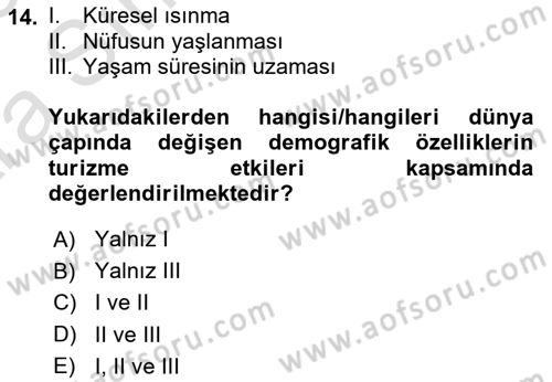 Genel Turizm Bilgisi Dersi 2024 - 2025 Yılı (Vize) Ara Sınav Soruları 14. Soru