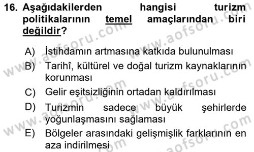 Genel Turizm Bilgisi Dersi 2024 - 2025 Yılı Yaz Okulu Sınav Soruları 16. Soru