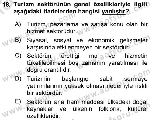 Genel Turizm Bilgisi Dersi 2024 - 2025 Yılı Yaz Okulu Sınav Soruları 18. Soru