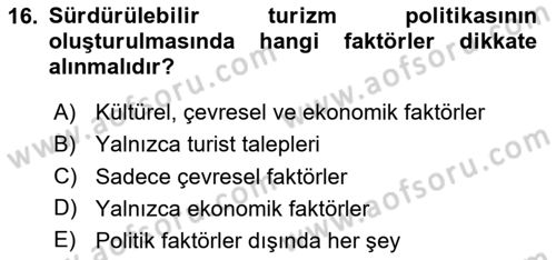 Genel Turizm Bilgisi Dersi 2025 - 2026 Yılı (Final) Dönem Sonu Sınav Soruları 16. Soru