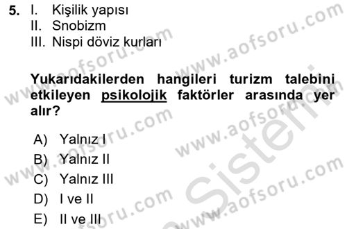 Genel Turizm Bilgisi Dersi 2025 - 2026 Yılı (Final) Dönem Sonu Sınav Soruları 5. Soru