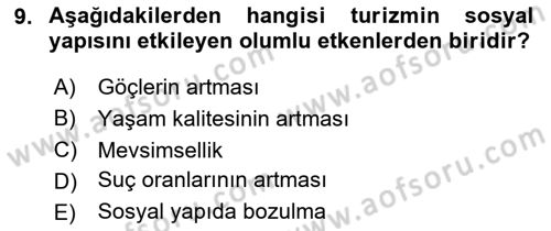 Genel Turizm Bilgisi Dersi 2025 - 2026 Yılı (Final) Dönem Sonu Sınav Soruları 9. Soru