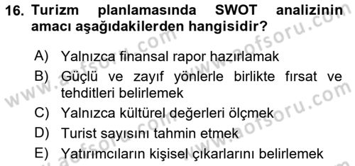 Genel Turizm Bilgisi Dersi 2025 - 2026 Yılı Yaz Okulu Sınav Soruları 16. Soru