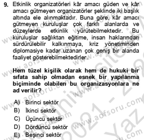 Kongre ve Etkinlik Yönetimi Dersi Yaz Okulu Sınavı Deneme Sınav Soruları 9. Soru