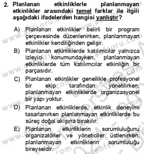 Kongre ve Etkinlik Yönetimi Dersi 2024 - 2025 Yılı (Vize) Ara Sınav Soruları 2. Soru