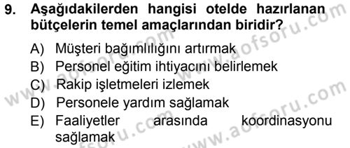 Otel İşletmelerinde Destek Hizmetleri Dersi 2012 - 2013 Yılı (Vize) Ara Sınav Soruları 9. Soru