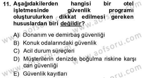 Otel İşletmelerinde Destek Hizmetleri Dersi 2014 - 2015 Yılı (Final) Dönem Sonu Sınavı 11. Soru