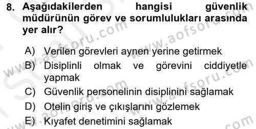 Otel İşletmelerinde Destek Hizmetleri Dersi 2016 - 2017 Yılı (Final) Dönem Sonu Sınav Soruları 8. Soru