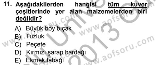 Yiyecek-İçecek Hizmetleri Dersi 2012 - 2013 Yılı (Vize) Ara Sınav Soruları 11. Soru