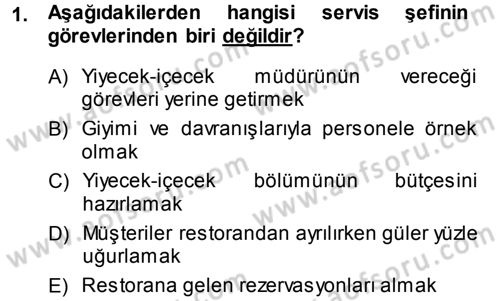 Yiyecek-İçecek Hizmetleri Dersi 2013 - 2014 Yılı (Final) Dönem Sonu Sınav Soruları 1. Soru