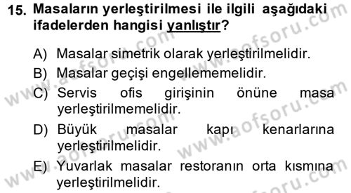 Yiyecek-İçecek Hizmetleri Dersi 2014 - 2015 Yılı (Vize) Ara Sınav Soruları 15. Soru