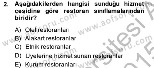 Yiyecek-İçecek Hizmetleri Dersi 2014 - 2015 Yılı (Final) Dönem Sonu Sınav Soruları 2. Soru