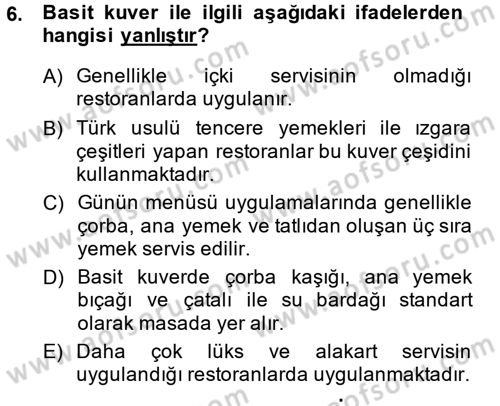 Yiyecek-İçecek Hizmetleri Dersi 2014 - 2015 Yılı (Final) Dönem Sonu Sınav Soruları 6. Soru