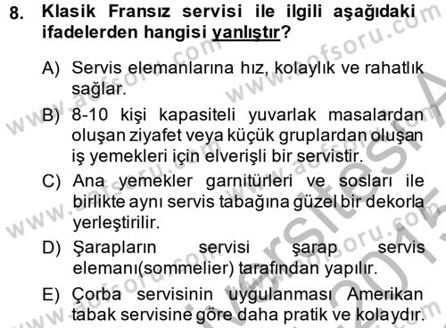 Yiyecek-İçecek Hizmetleri Dersi 2014 - 2015 Yılı (Final) Dönem Sonu Sınav Soruları 8. Soru