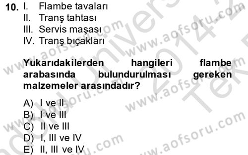 Yiyecek-İçecek Hizmetleri Dersi 2014 - 2015 Yılı Tek Ders Sınav Soruları 10. Soru
