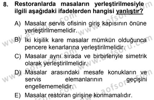Yiyecek-İçecek Hizmetleri Dersi 2014 - 2015 Yılı Tek Ders Sınav Soruları 8. Soru