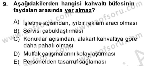 Yiyecek-İçecek Hizmetleri Dersi 2014 - 2015 Yılı Tek Ders Sınav Soruları 9. Soru