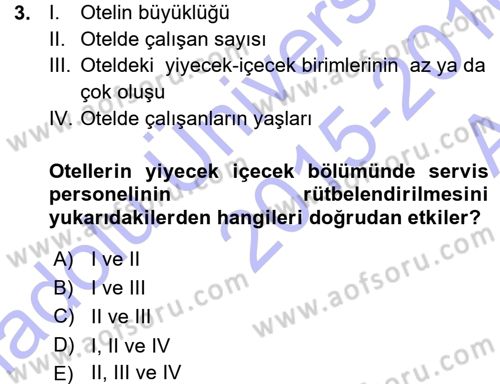 Yiyecek-İçecek Hizmetleri Dersi 2015 - 2016 Yılı (Vize) Ara Sınav Soruları 3. Soru