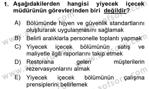 Yiyecek-İçecek Hizmetleri Dersi 2015 - 2016 Yılı Tek Ders Sınav Soruları 1. Soru