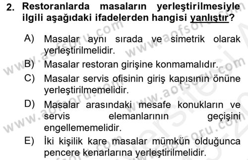 Yiyecek-İçecek Hizmetleri Dersi 2015 - 2016 Yılı Tek Ders Sınav Soruları 2. Soru