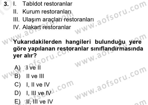 Yiyecek-İçecek Hizmetleri Dersi 2015 - 2016 Yılı Tek Ders Sınav Soruları 3. Soru