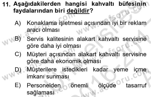 Yiyecek-İçecek Hizmetleri Dersi 2016 - 2017 Yılı (Vize) Ara Sınav Soruları 11. Soru