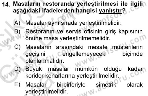 Yiyecek-İçecek Hizmetleri Dersi 2016 - 2017 Yılı (Vize) Ara Sınav Soruları 14. Soru