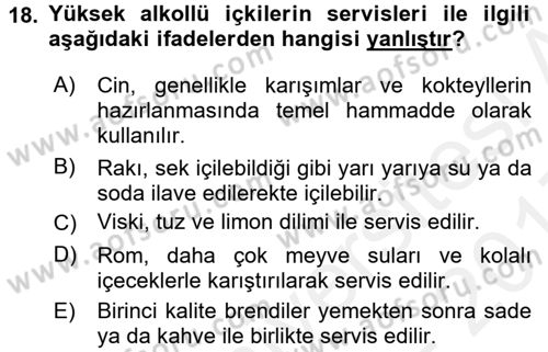 Yiyecek-İçecek Hizmetleri Dersi 2016 - 2017 Yılı (Final) Dönem Sonu Sınav Soruları 18. Soru