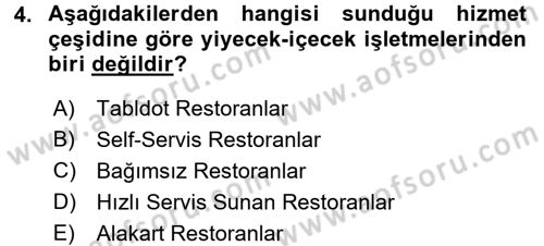 Yiyecek-İçecek Hizmetleri Dersi 2016 - 2017 Yılı (Final) Dönem Sonu Sınav Soruları 4. Soru