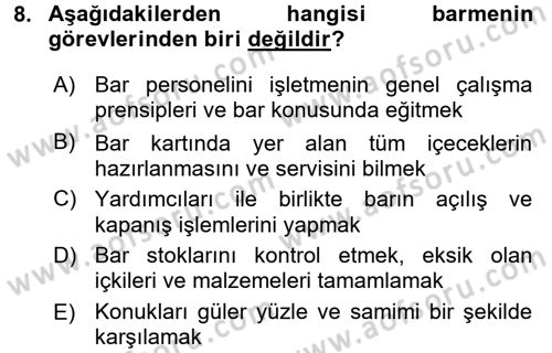 Yiyecek-İçecek Hizmetleri Dersi 2016 - 2017 Yılı (Final) Dönem Sonu Sınav Soruları 8. Soru