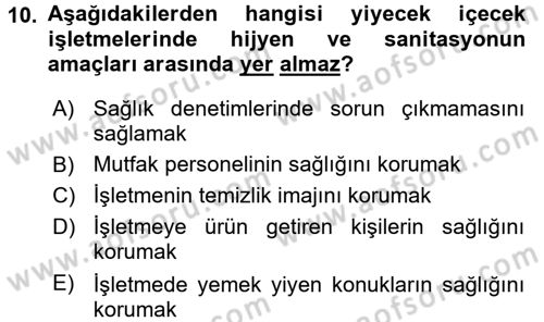 Yiyecek-İçecek Hizmetleri Dersi 2017 - 2018 Yılı (Final) Dönem Sonu Sınav Soruları 10. Soru