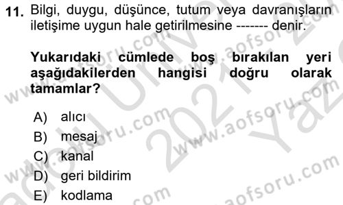 Turizm Ve İletişim Dersi 2021 - 2022 Yılı Yaz Okulu Sınav Soruları 11. Soru