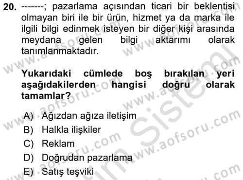 Turizm Ve İletişim Dersi 2022 - 2023 Yılı Yaz Okulu Sınav Soruları 20. Soru