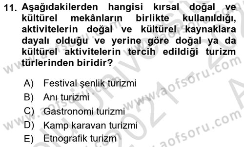 Turizm Coğrafyası Dersi 2021 - 2022 Yılı (Vize) Ara Sınav Soruları 11. Soru