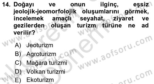Turizm Coğrafyası Dersi 2021 - 2022 Yılı (Vize) Ara Sınav Soruları 14. Soru